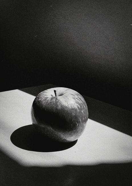 Artistic black and white still life photography of an apple with dramatic lighting.