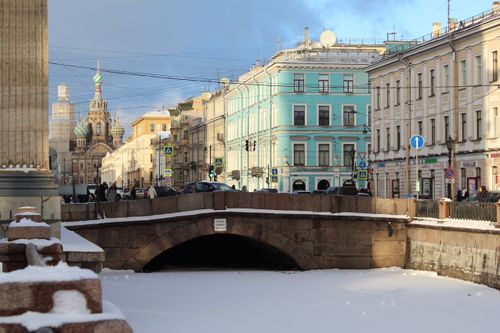 Free Snow-covered bridge and cityscape of Saint Petersburg in winter. Stock Photo