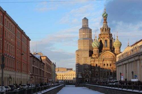 Free Snowy street scene with the Church of the Savior on Spilled Blood, Saint Petersburg. Stock Photo