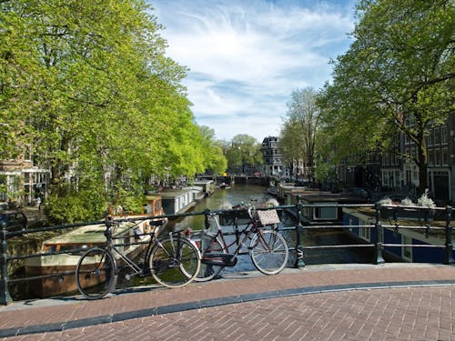 Bicycles Parked on a Bridge in Amsterdam