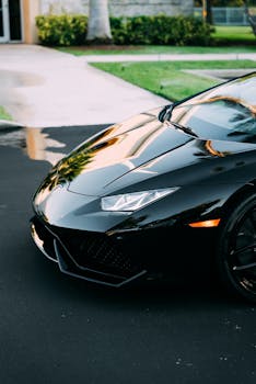 A luxury black sports car parked outdoors, reflecting sunny skies on a suburban street.