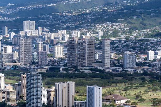 Stunning aerial shot showcasing Honolulu's modern skyline and surrounding greenery.