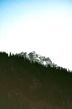 Explore the serene beauty of a snow-capped mountain peak surrounded by lush forest.
