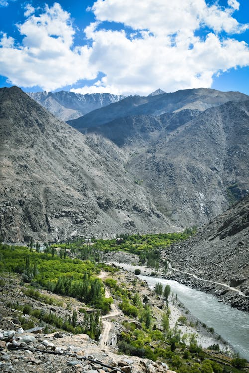 River Flowing in Valley in Mountains Landscape