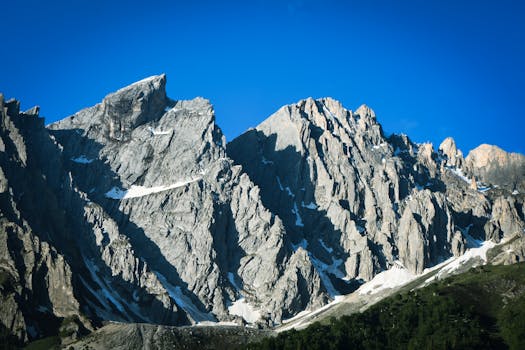 Stunning view of a rugged mountain range with patches of snow against a clear blue sky.