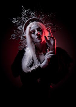 Enchanting portrait of a woman with elf ears and crown in dramatic lighting.
