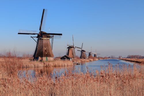 Row of Old Wooden Windmills