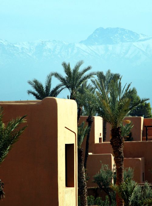 Free Beautiful view of Moroccan architecture with palm trees and Atlas Mountain in the background. Stock Photo