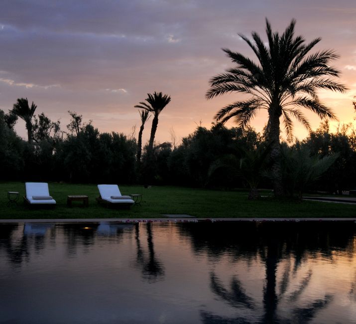 Piscina luxuosa do Royal Mansour Marrakech com palmeiras ao pôr do sol, ideal para famílias.