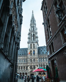 Gothic architecture of the Town Hall at Grand Place, Brussels, Belgium. by Guillaume Meurice