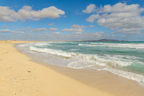 Free A peaceful sandy beach with gentle waves and a clear blue sky. Stock Photo