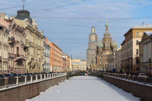 Free A snowy canal leading to the Church of the Savior on Spilled Blood in St. Petersburg, Russia. Stock Photo