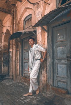 一名穿着传统服装的时尚男子靠在印度街头的老建筑上