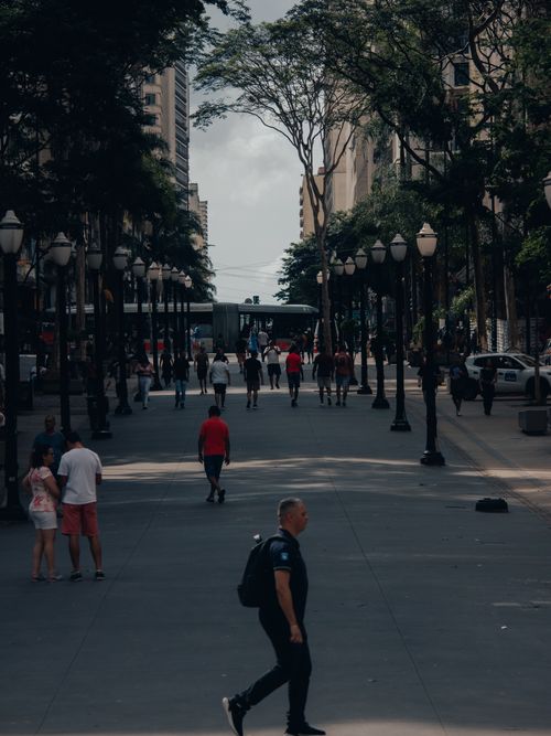 Free Busy urban street scene with people walking between high-rise buildings and trees on a sunny day. Stock Photo