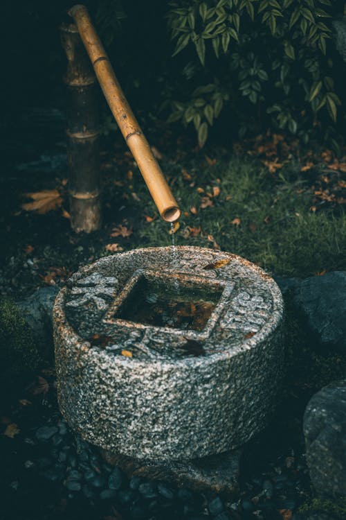 Bamboo Pipe and a Stone Water Basin in Kyoto, Japan 