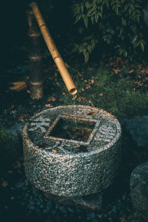 Free Peaceful garden scene with a stone water basin and bamboo pipe, ideal for tranquil ambiance. Stock Photo