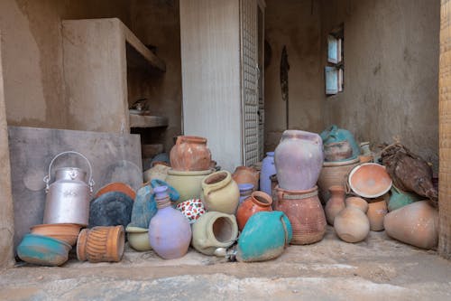 Stack of Handmade Clay Jugs in House