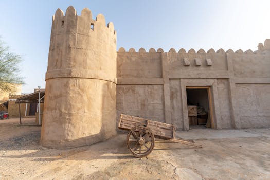 Rustic sand-colored fortress featuring an old wooden trolley under a clear sky.