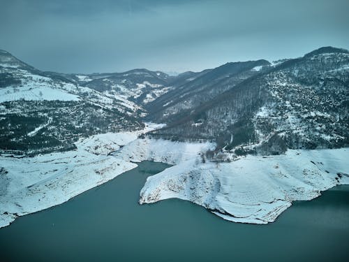 High Angle View of Mountains and Sea in Winter 