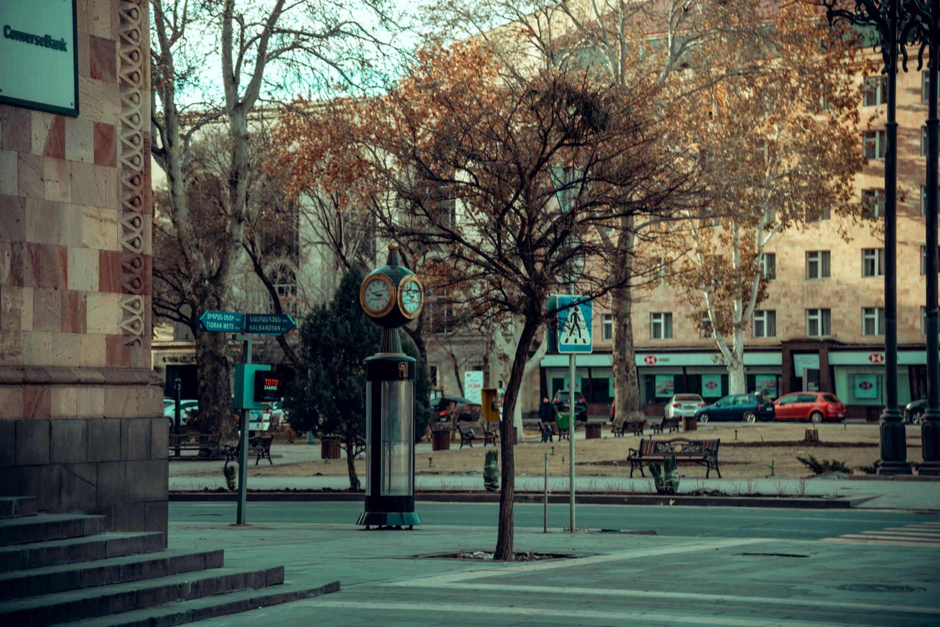 Empty downtown Springfield square on a grey January afternoon with bare trees