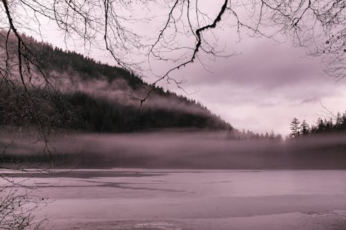 Fog over a Frozen Lake in a Mountain Valley 