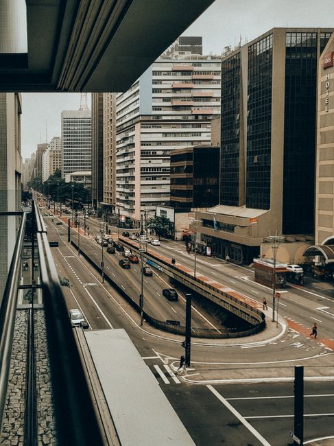 A bustling view of Paulista Avenue, showcasing the vibrant urban landscape of São Paulo, Brazil.