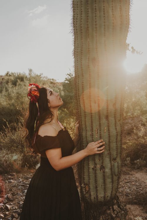 Free Woman in a black dress, adorned with a floral headpiece, stands next to a cactus under the sun. Stock Photo