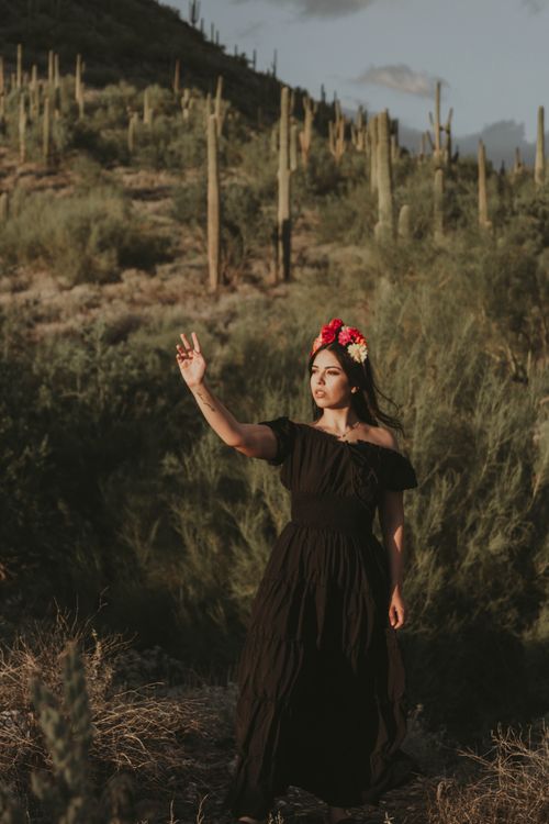 Free Woman in black dress poses with flower headpiece in a desert landscape. Stock Photo