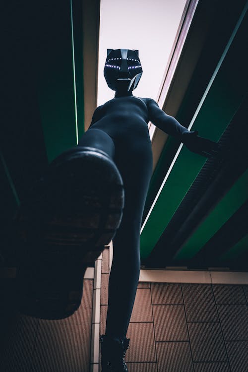 Photo of a Person in Black Clothing and a Cat Mask