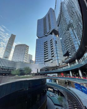 Impressive view of sleek skyscrapers in a bustling urban financial district.