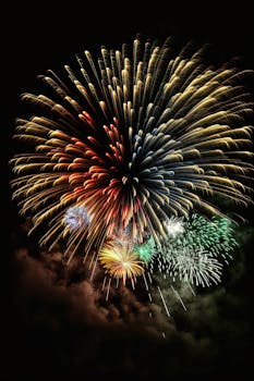 Colorful fireworks burst against dark night sky, perfect for celebrations.