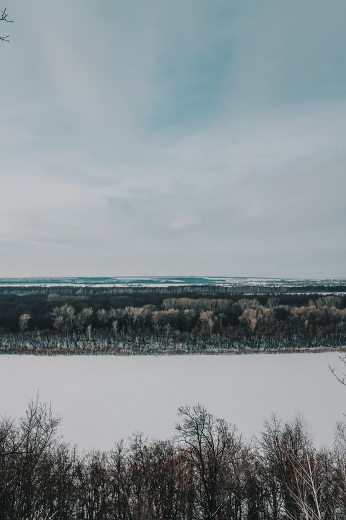 Free A captivating aerial view of a snow-covered forest and distant hills under a winter sky. Stock Photo
