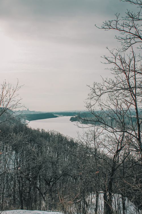 Free Scenic winter view of a frozen river surrounded by bare trees in a rural forest setting. Stock Photo