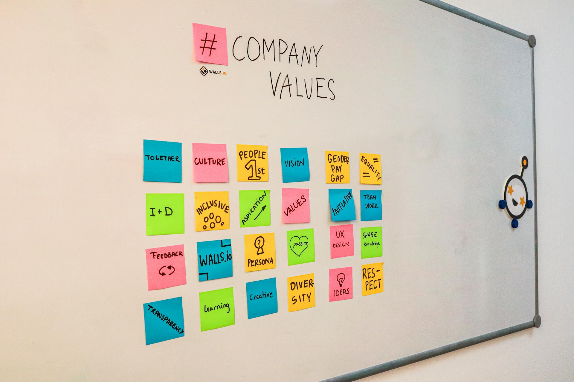 Bright sticky notes highlighting company values and teamwork on a whiteboard.