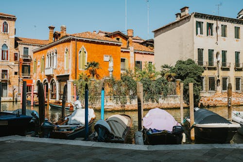 Gondolas in the Canal and Traditional Waterfront Venetian Houses 