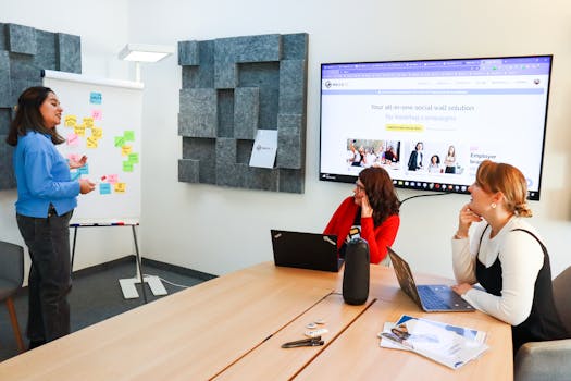 A diverse group of women having a brainstorming session in a modern office conference room.