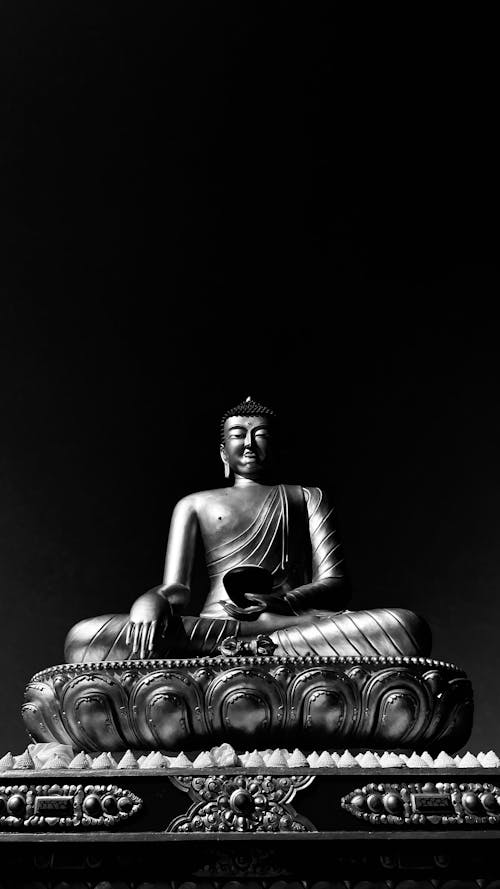 Black and White Picture of a Buddha Statue 