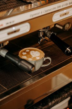 A close-up of a coffee machine with a latte featuring latte art, captured in Baku's cafe.