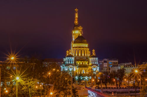 Annunciation Cathedral in Kharkiv Illuminated at Night