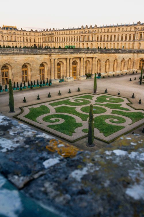 Free Aerial view of beautifully ornamented palace gardens and architecture. Stock Photo