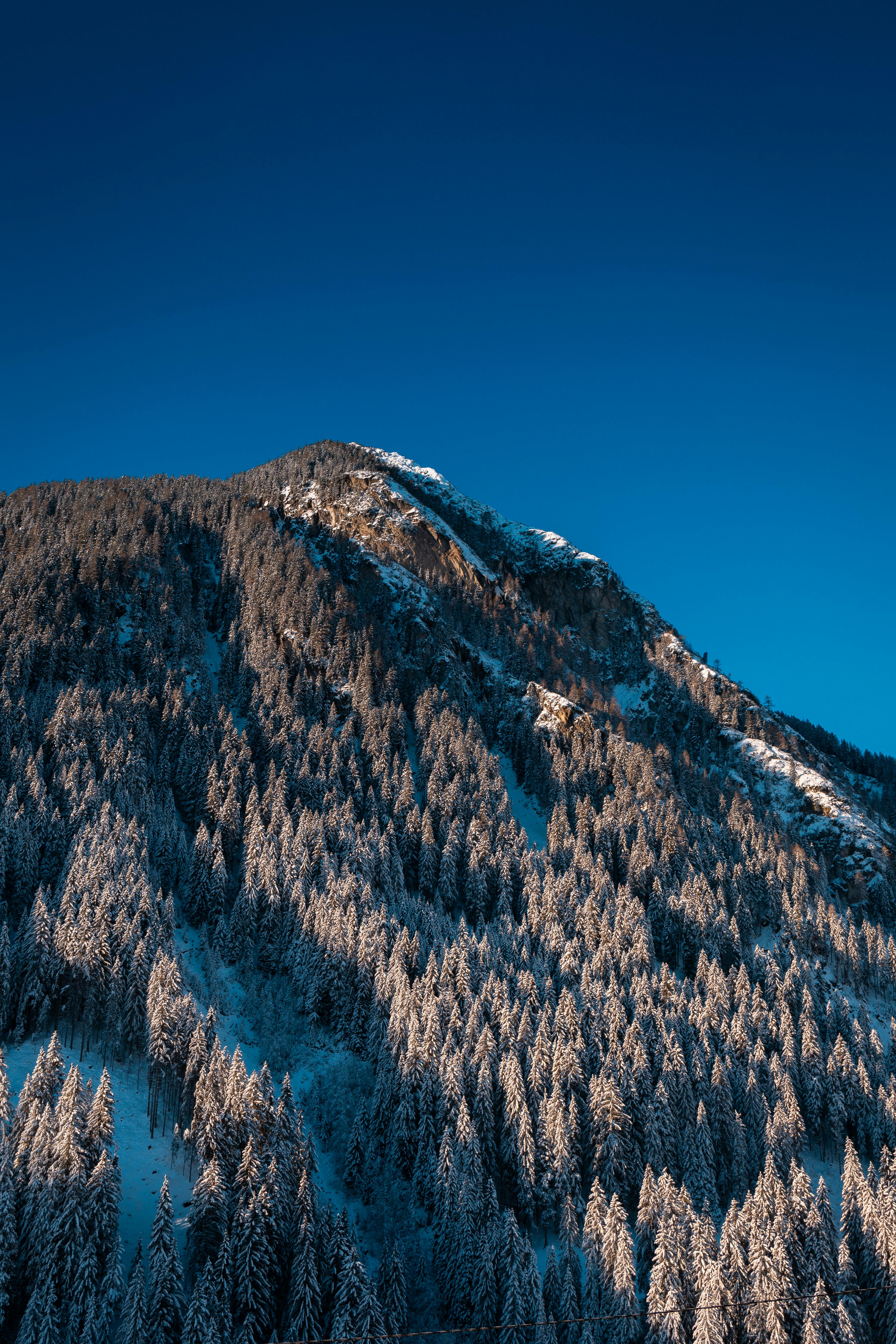 Snow-covered mountain landscape in Mayrhofen, Tirol, showcasing a pristine winter scene under a clear blue sky.