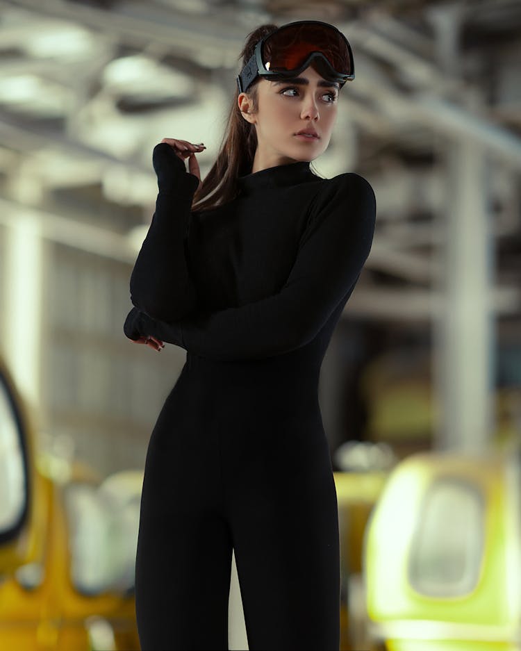 Woman In Goggles And Black Clothes