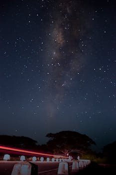 Captivating view of the Milky Way at night above a scenic road in Colombo, Sri Lanka.