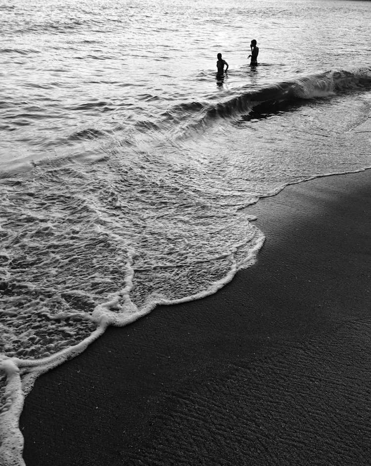 Silhouettes Of Two People Standing Waist Deep In Coastal Water