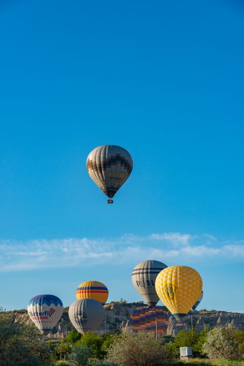 Free Colorful hot air balloons soar majestically under a bright blue sky. Stock Photo