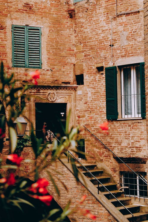 View of Windows with Shutters and Steps Leading to the Entrance to a Brick Building 