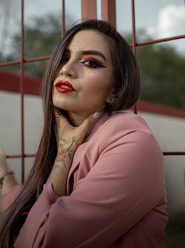 Elegant woman with striking makeup and tattoos in a pink blazer outdoors.