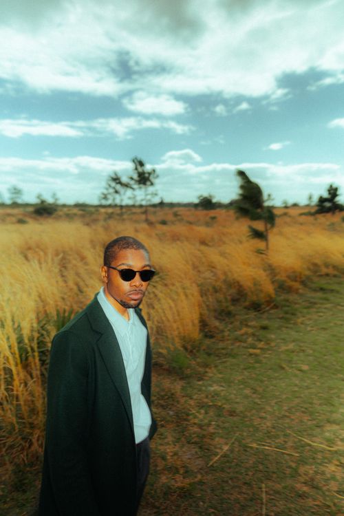 Free A fashionable man with sunglasses poses confidently in an open grassland under a cloudy sky. Stock Photo