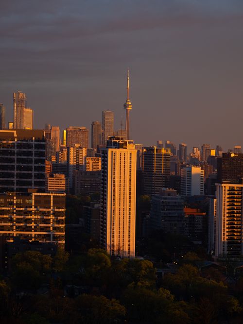 Free Captivating Toronto cityscape featuring the CN Tower against a sunset backdrop. Stock Photo