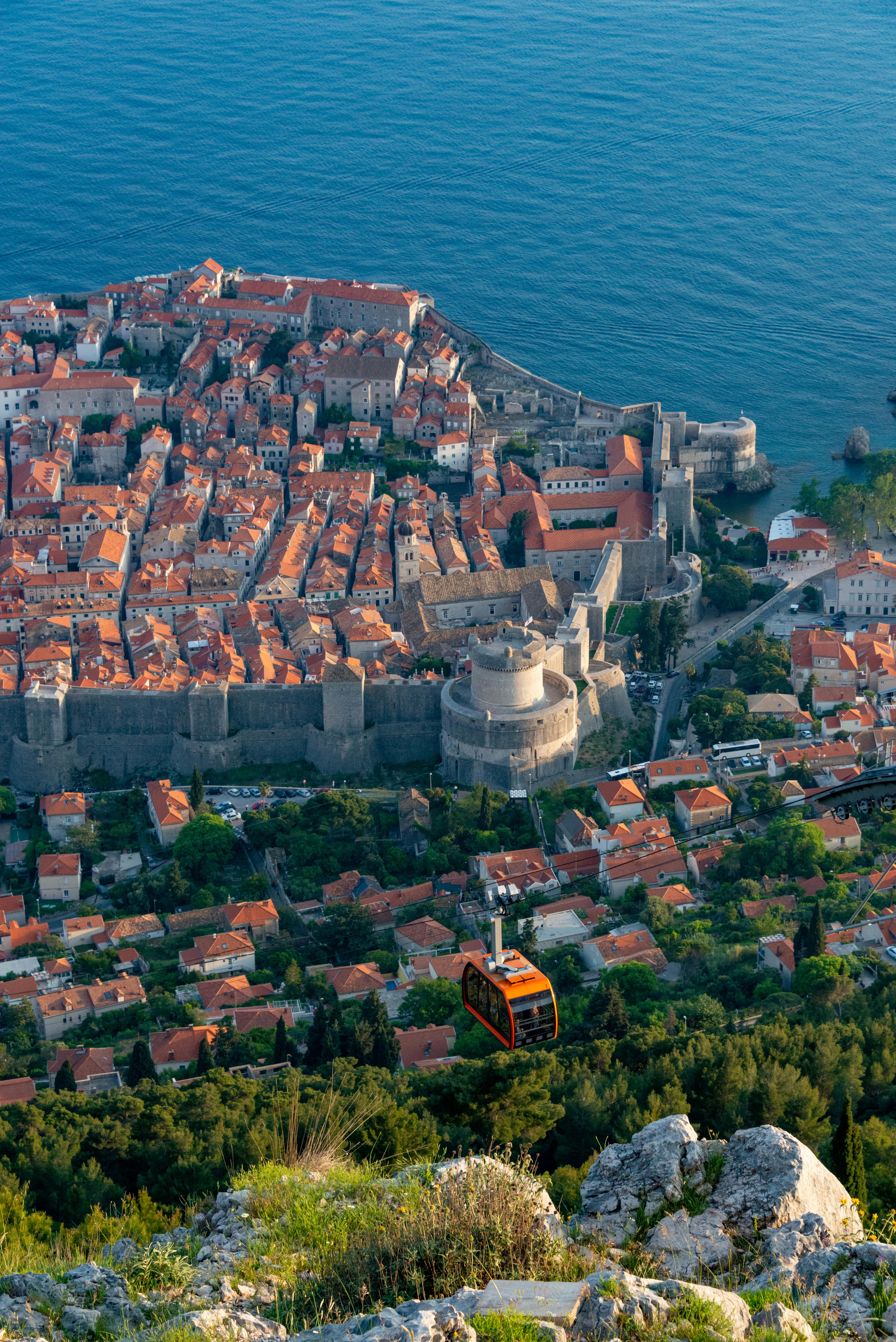 View of Dubrovnik and cable car from Mt Srđ